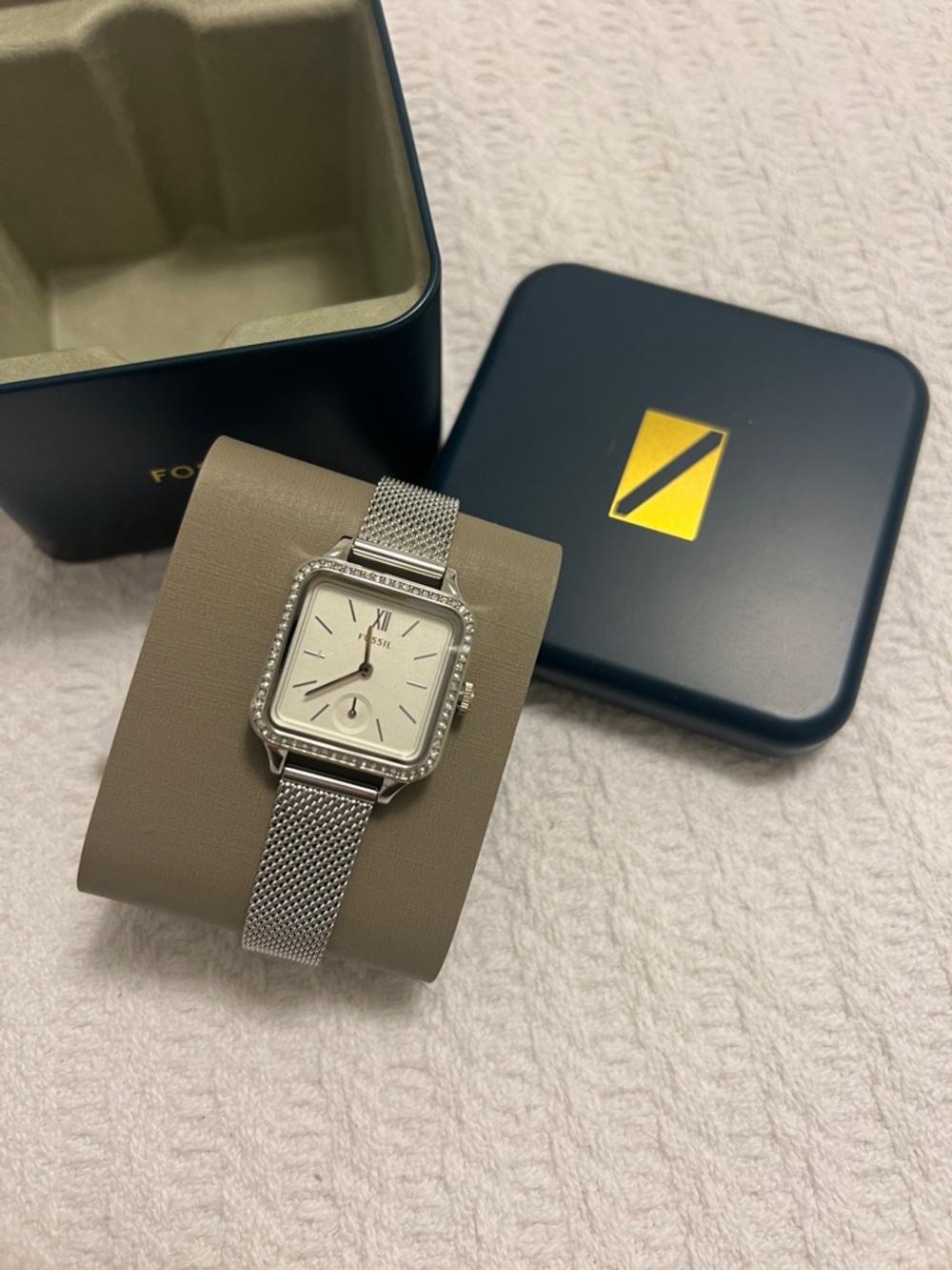 Fossil Silver Square Dial Watch with Crystal Bezel- new with tags!